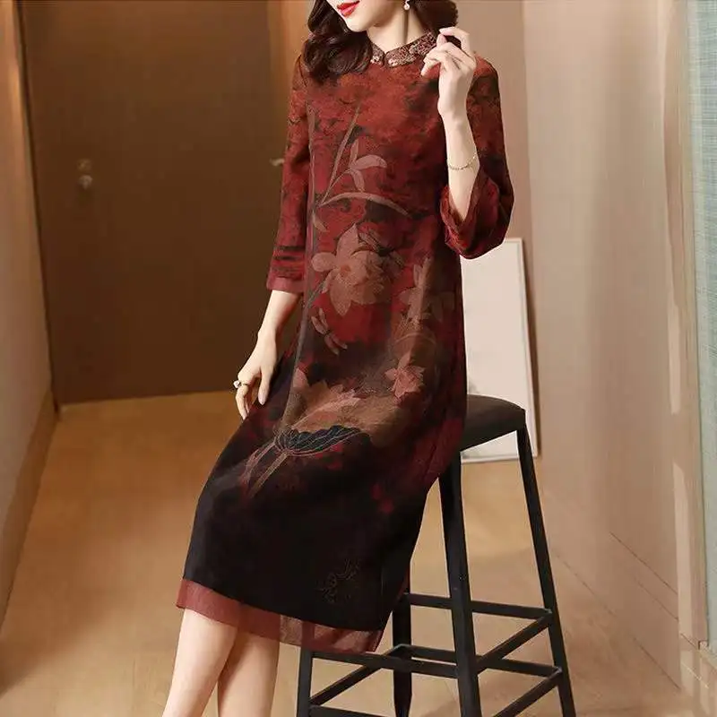 Indie Folk Vintage Silk Midi Floral Dress Oversized Spring Summer Short Sleeve Dresses Elegant Female Casual Gauze Pullover Robe