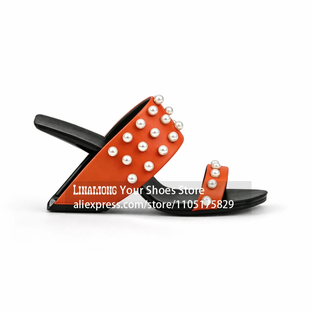 Pearl Decor Sculpture Novelty Heel Slippers Pearl Embellished Square Open Toe Summer Shoes Designer Sculpted Heel Mule Slippers - view 4