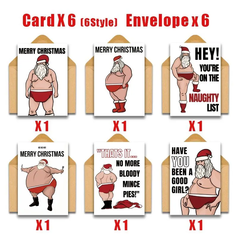 12pcs Funny Santa Claus Christmas Cards with Envelopes - Naughty Santa in Red Swim Trunks, Birthday Boy/Merry Christmas Quotes - view 3