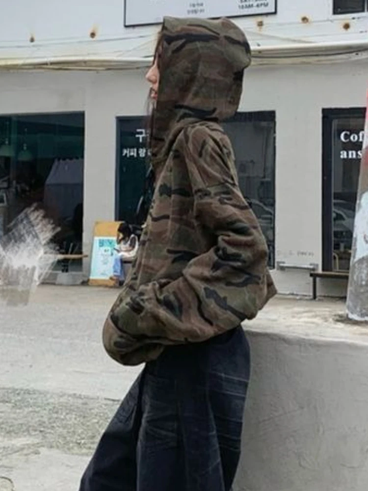 الأمريكية الرجعية نمط التمويه مقنعين البلوز المرأة الخريف عادية سليم صالح جاكيت زيبرا الجمالية الجرونج ثقافة فرعية معطف