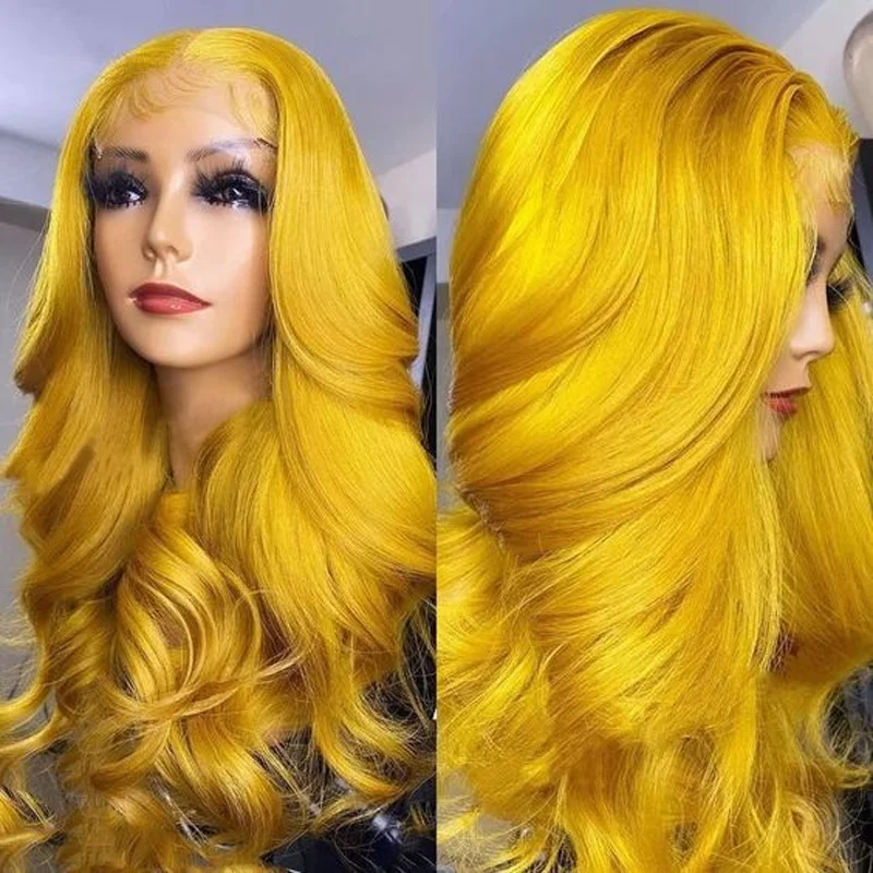 Peruca dianteira com renda longa para mulheres, cabelo macio do bebê, pré-arrancado, sem cola, densidade de 180%, cor amarela, cosplay diário, 26in