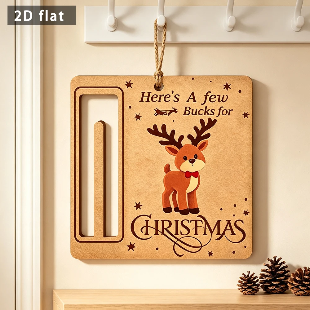 Wooden Reindeer Money Holder Hanging Sign, 2D Flat Christmas Cash Gift Tag, Xmas Door Wall Hanging Plaque