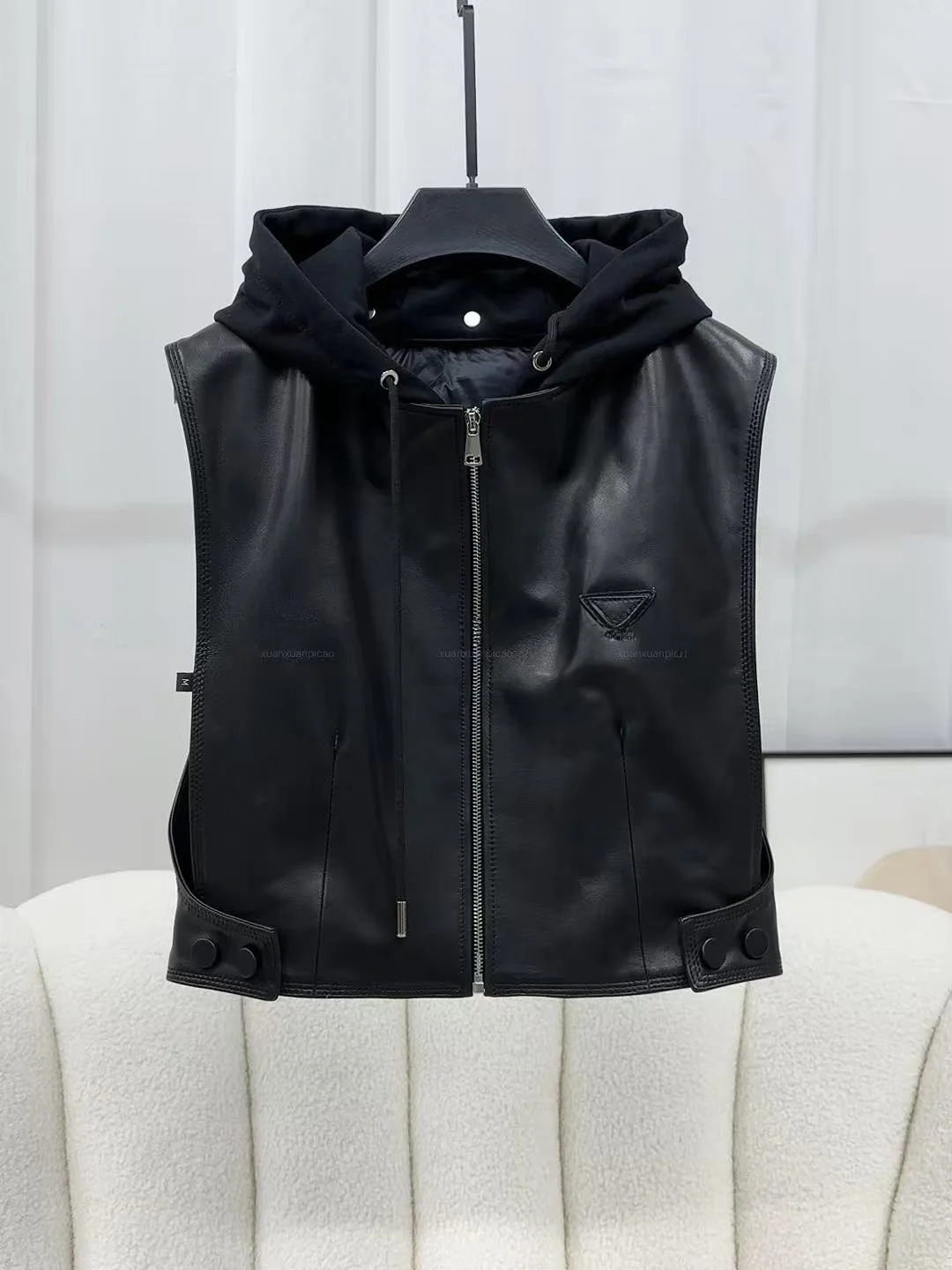 

New Faionable round Ne Leather Jaet Women's plus Size eepskin Vest Loose Slimming Long Sve Mid-Length Coat