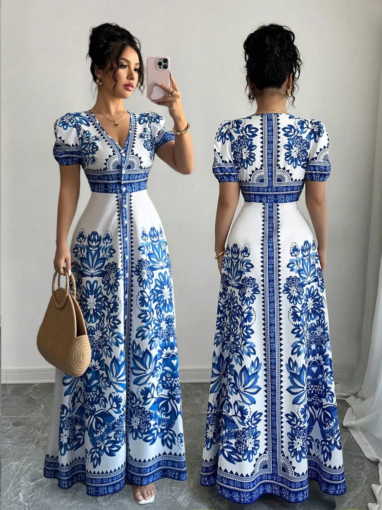 

Blue & White Floral Print V-Neck Puff Sleeve Waist-Cinched Maxi Dress