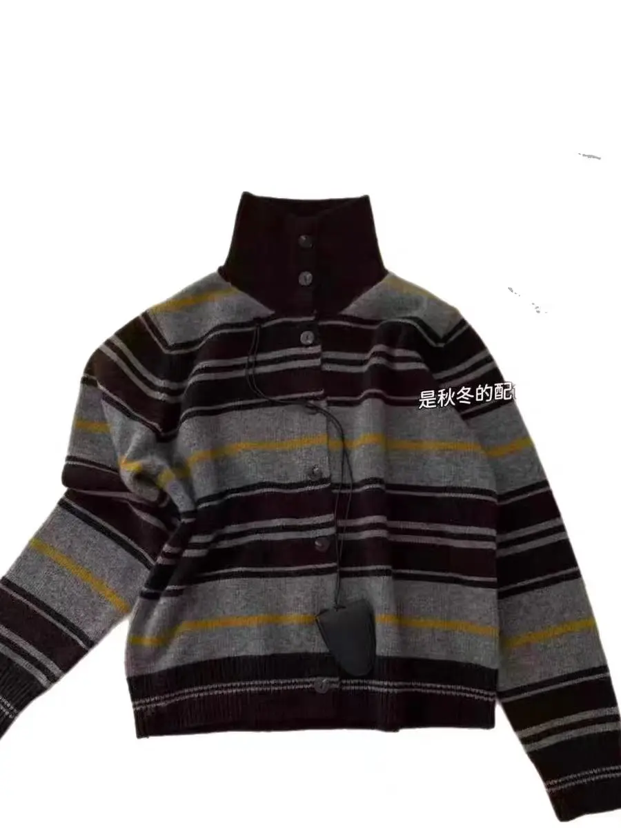 European goods new contrast striped high collar 100% wool knitted cardigan women's autumn and winter loose lapel coat