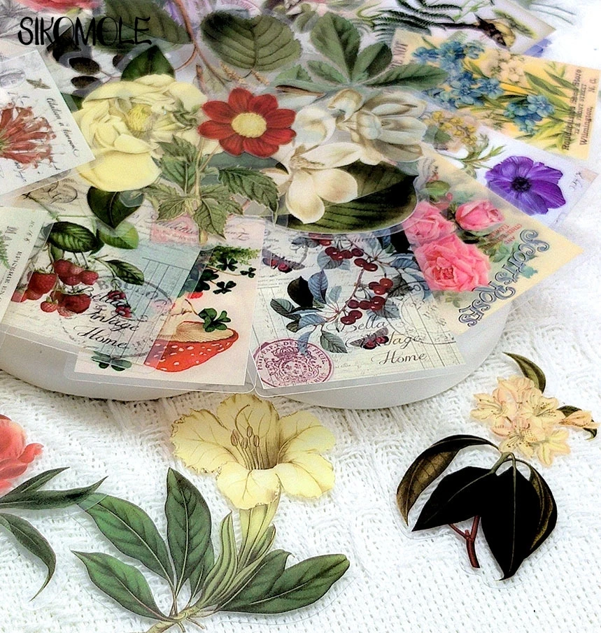 50PCS Ink Flower Transparent Sticker Book Plant INS DIY Diary Decorative Accounts Laptops Skateboards Graffiti Stickers Pack