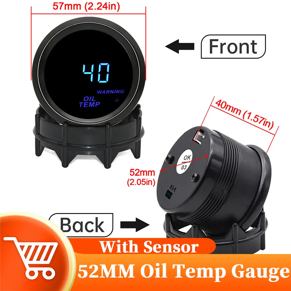 52mm Oil Temprature Gauge With 1/8 NPT Temperature Sensor 40-150Celsius Universal Car Tempe Meter Warning Light For Car Racing