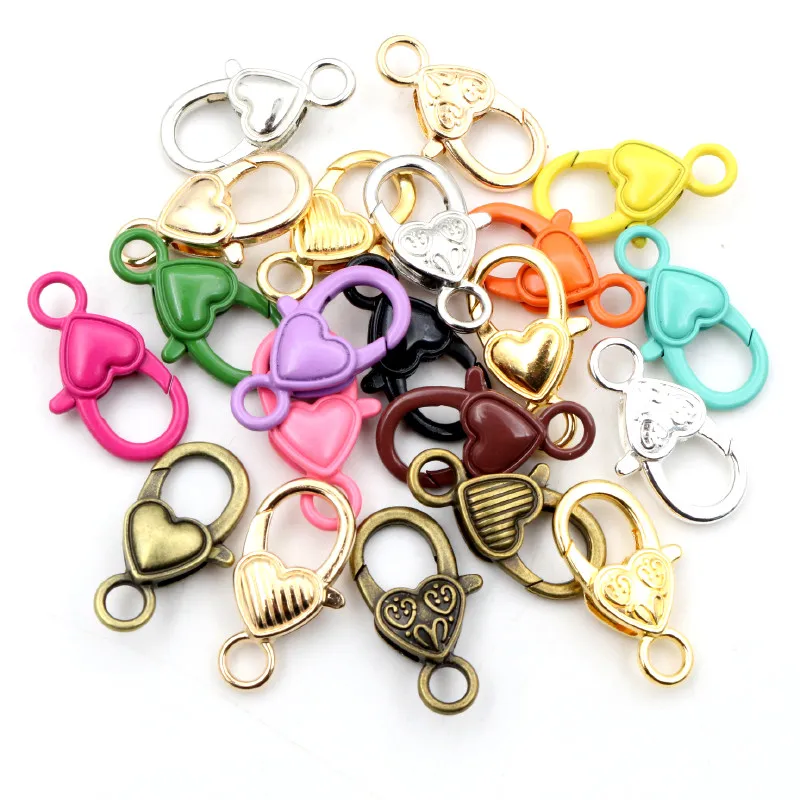 10pcs 26x19mm Gold Silver Plated Colorful Heart Jewelry Findings,Lobster Clasp Hooks for Necklace Bracelet Chain DIY Making
