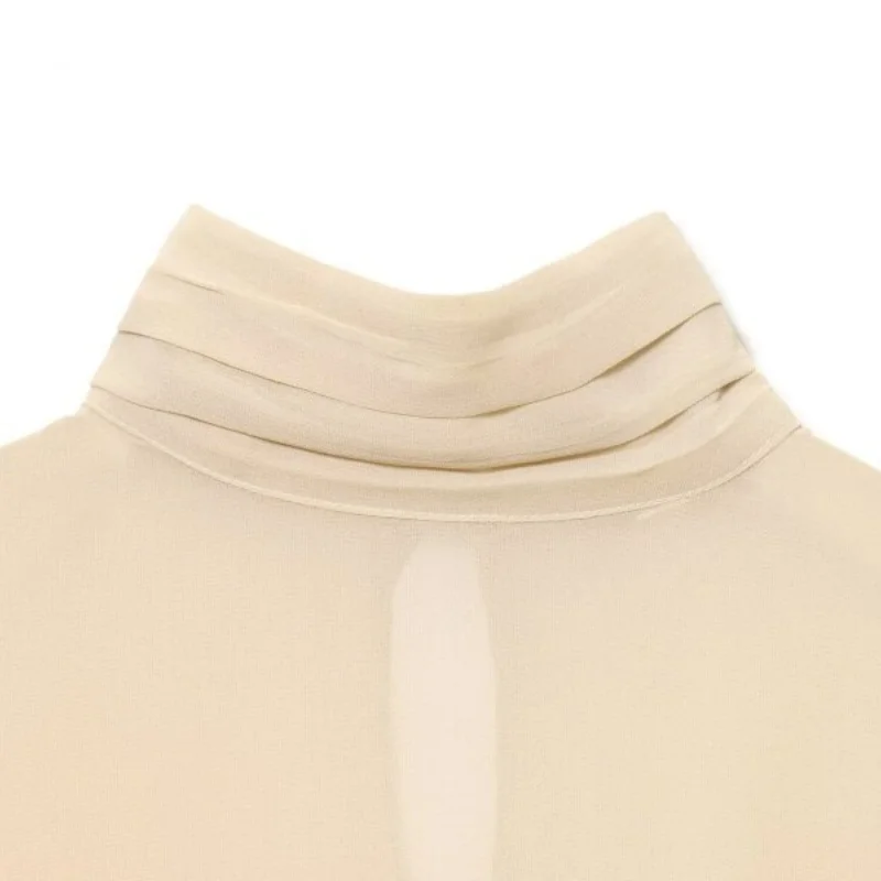 Pleated Elegant Flare Long Sleeves Shirt Turtleneck Fashion Office Lady Streetwear Summer Women Clothing Tops