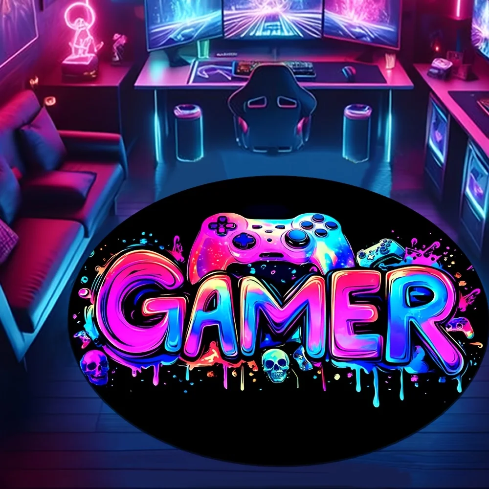 1 Stück bunter Graffiti-Game-Controller, runder Teppich, rutschfeste Bodenmatte für Wohnzimmer, Schlafzimmer, Badezimmer, Ferienhaus-Dekoration