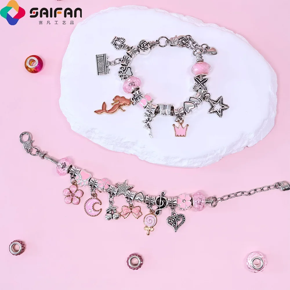 1 conjunto de pulseiras de contas requintadas, acessórios diy de contas de meninas, conjunto de materiais de caixa de presente infantil, acessórios de pulseira, contas