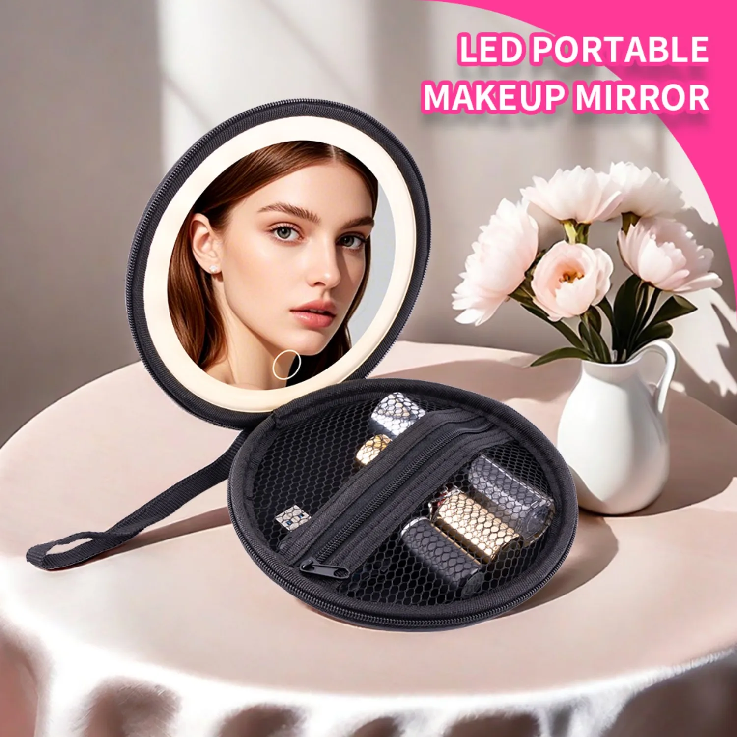Tragbarer LED-Schminkspiegel für Frauen – Touch-Dimmung, PU-wasserdicht, integrierte Lippenstift-Aufbewahrung und Aufhängegurt