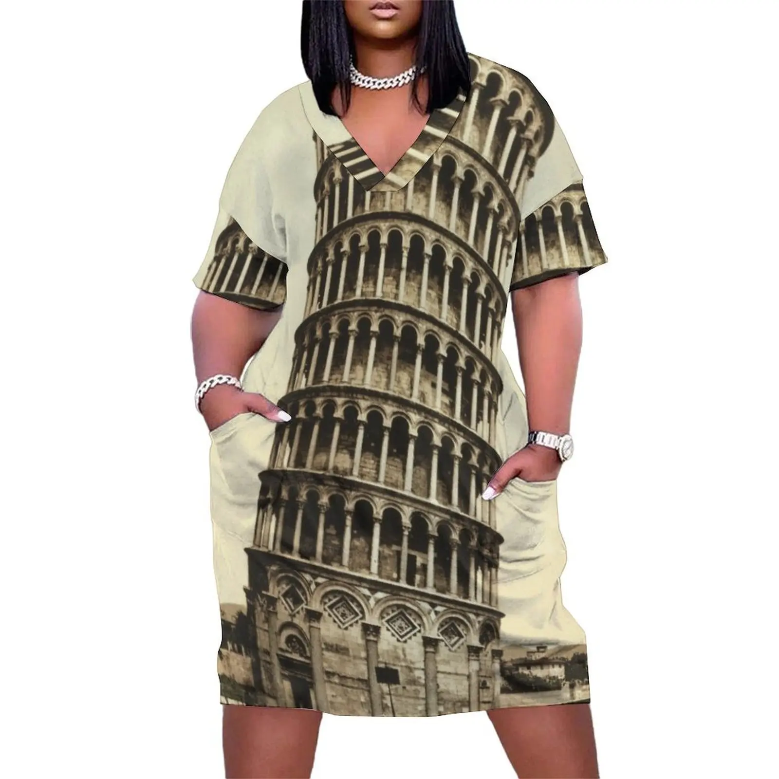 

Vintage Leaning Tower of Pisa Photograph (1900) Loose Pocket Dress women long dresses Women"s clothing Summer women"s clothing