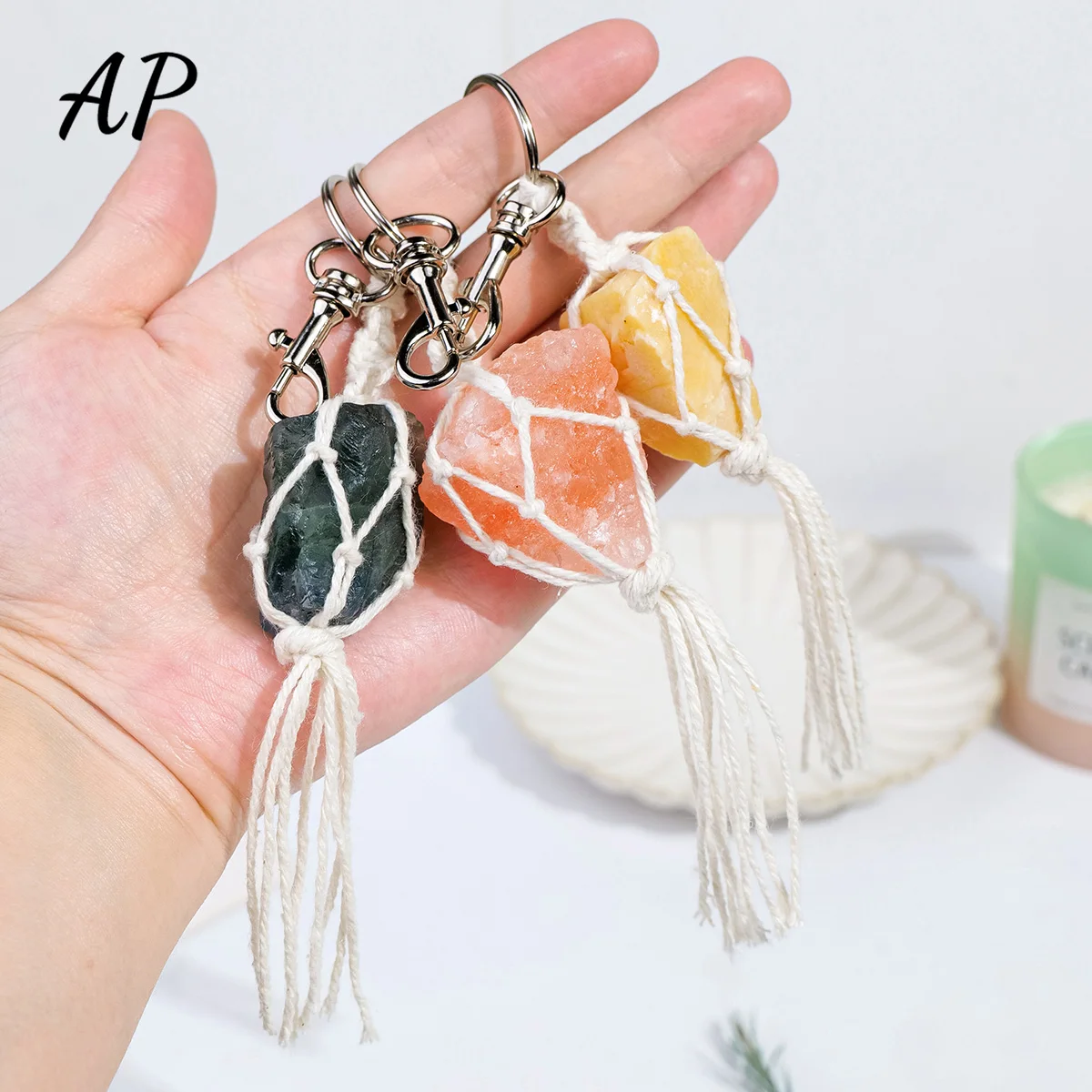 1PC Natural Crystal Raw Stone Diy Hand Woven Mesh Pocket Car Keychain Backpack Pendant Jewelry Decorations Gift