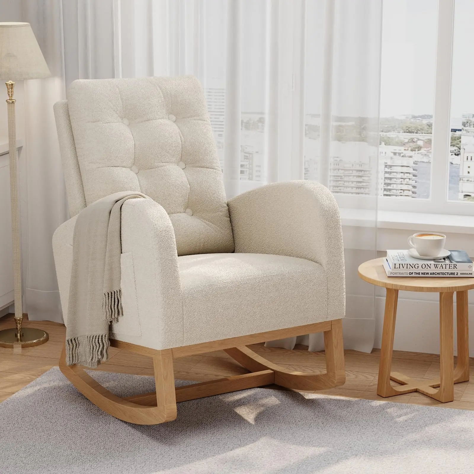 Modern Nursery Rocking Chair, Upholstered Glider Rocker with Side Pocket & Wooden Legs, Comfy Rocker Armchair for Living Room, Bedroom, White/Green
