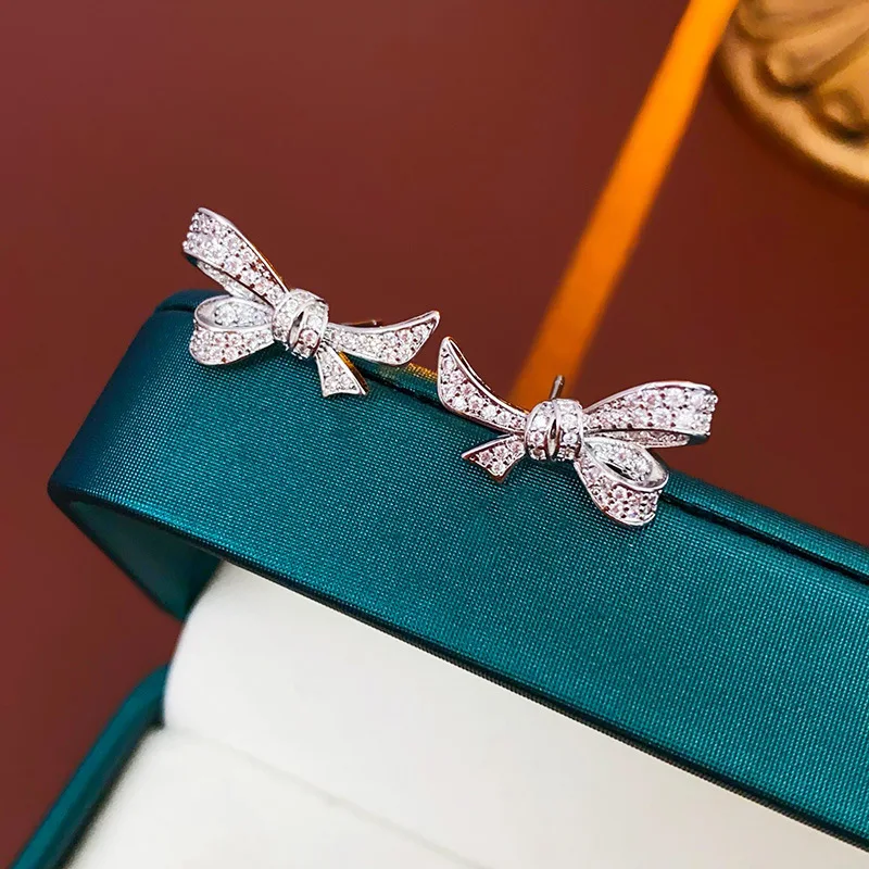 Silver Needle Light Luxury Zircon Bow Knot Small and Exquisite Elegant and High Grade Earrings for Women Jewelry.