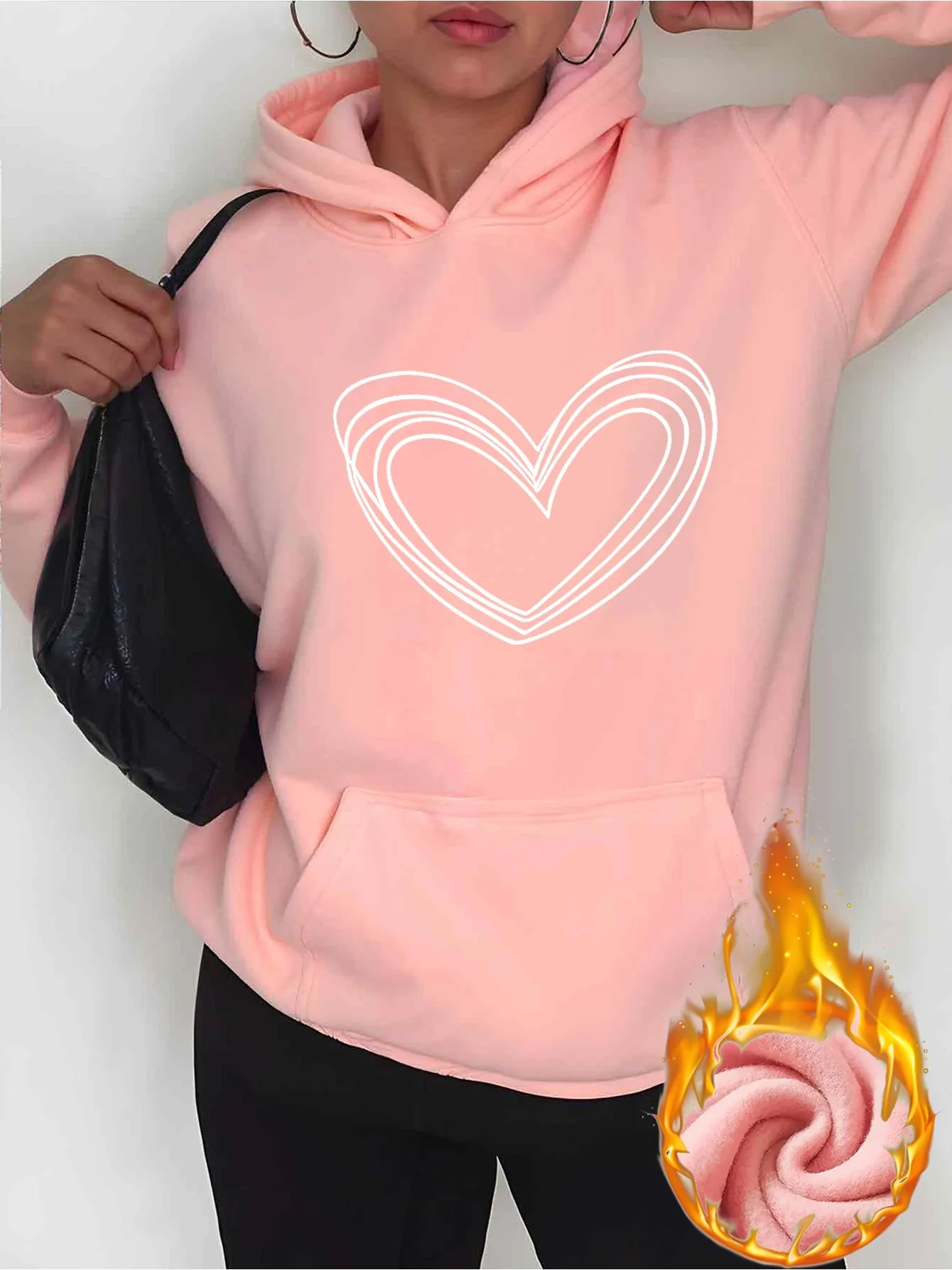2025 الخريف والشتاء المرأة مقنعين البلوز على شكل قلب خط على شكل قلب طباعة مريحة جيب قناع السترة الرجعية #1