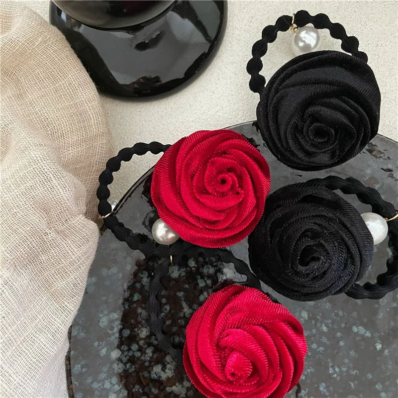 Deep Vintage Fabric Velvet Rose Hair Band Fashionable Temperament Beanie Rubber Band Pearl Pendant Hair Rope New