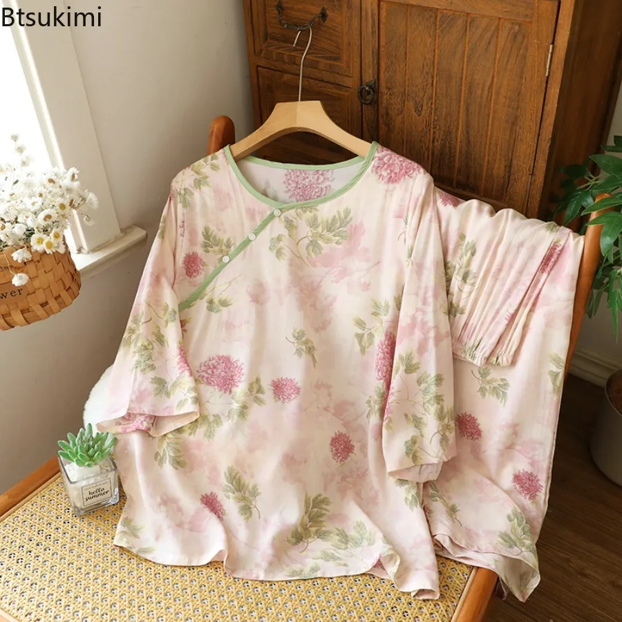 2025 Summer Women's Pajamas 2 Pcs Set Chinese Ancient Style Women Sleepwear Home Suit Short Sleeved Shorts Round Neck Pijamas