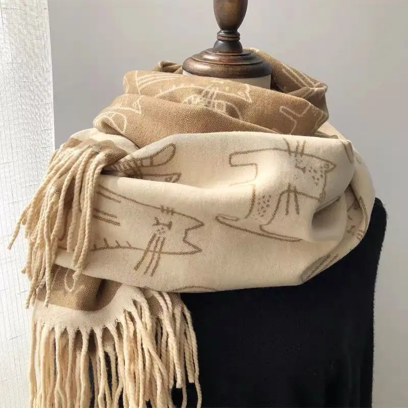 

2025 New Thickened Fringe Scarf for Women, Cat Print Faux Cashmere Neck Warmer Stole, Autumn Winter Warm Wrap Hot Sale