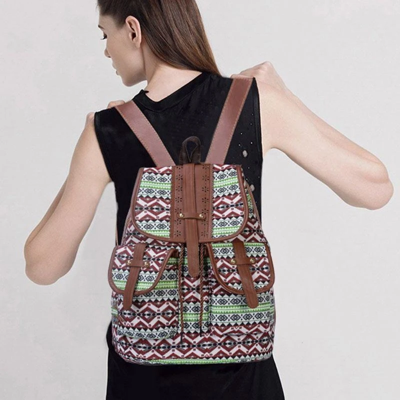 

A3PE Vintage Print Canvas Ethnic Backpack for Women Girls School Student Backpacks Drawstring Bohemia Travel Rucksack