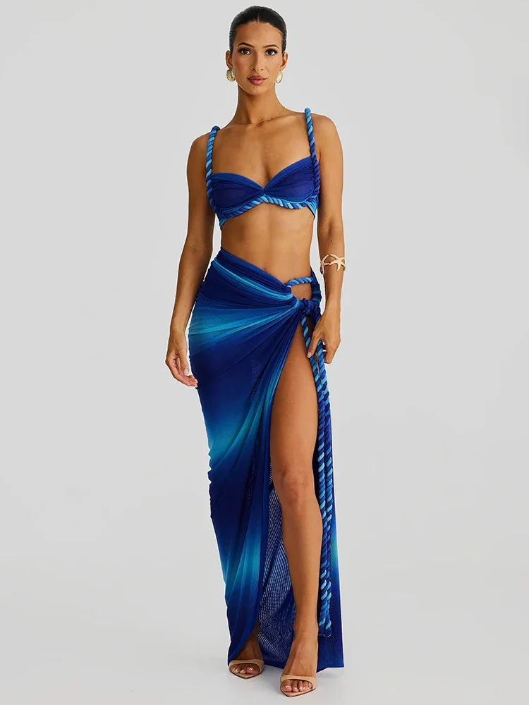 

DINADD Summer Beach Sexy Two Piece Sets Women Strapless Crop Tops And Maxi Skirt Female Elegant Vacation Club 2 Piece Set