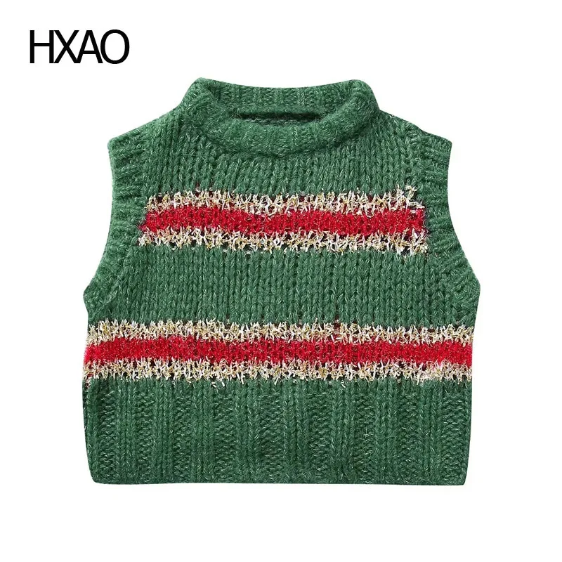 

HXAO Knitted Vest Waistcoat Striped Women's Vest Cropped Sweaters Sleeveless Vests For Women New Knitwear O Neck Knit Pullover