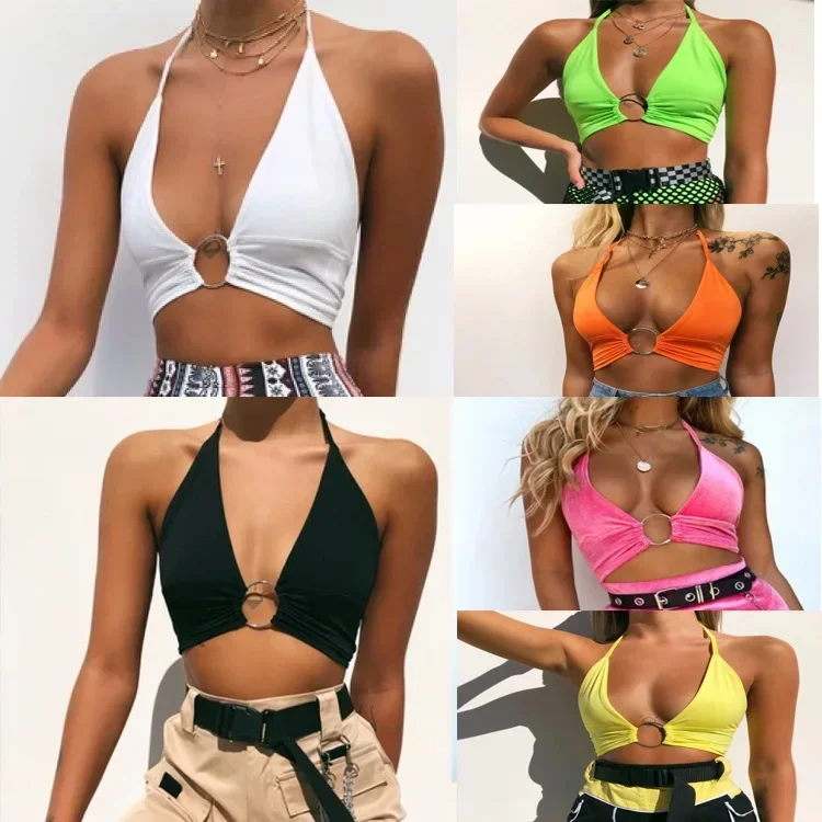 YUZHEXI backless o ring neon halter top women sexy chest wrapped bandage crop tops summer outfit