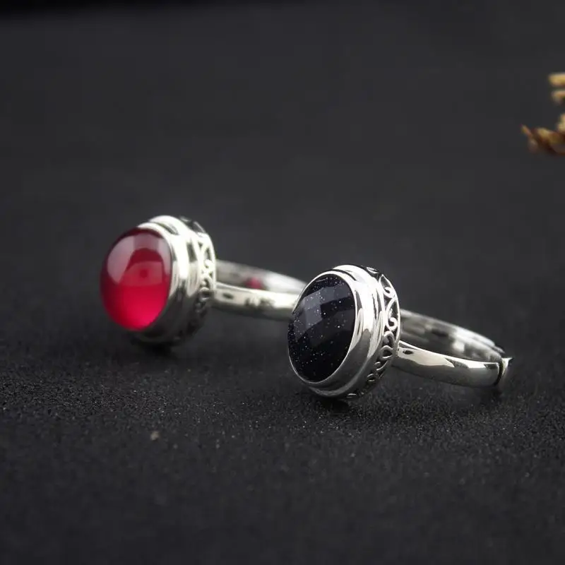 

100% 925 Sterling Silver retro red corundum ring, simple and versatile, adjustable opening for women