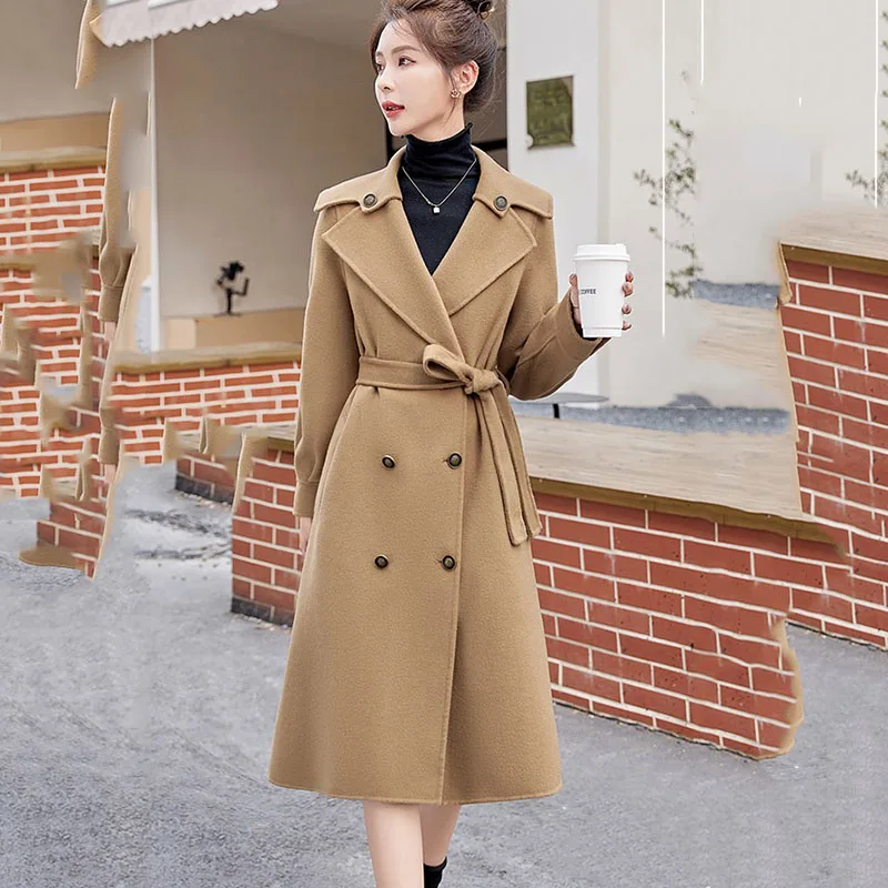 

Women's Double-Sided Wool Trench Coat, Female Long Woolen Coats, High-end Fashion, Parker Overcoat, Autumn, Winter, New