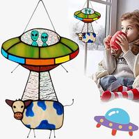 1Pcs UFO Alien Cow Pendant Ornaments Alien And Cow Stained Glass Suncatcher Window Bedroom Balcony Panel Painted UFO Pendant