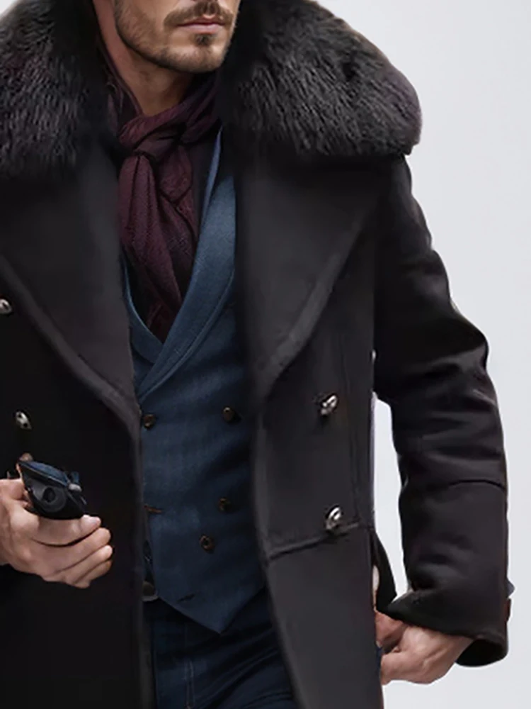 

Men's British Large Fur Collar Winter Warm Mid-Length Coat Double-Breasted Long Sleeve Lapel High Street Casual Long Outerwear