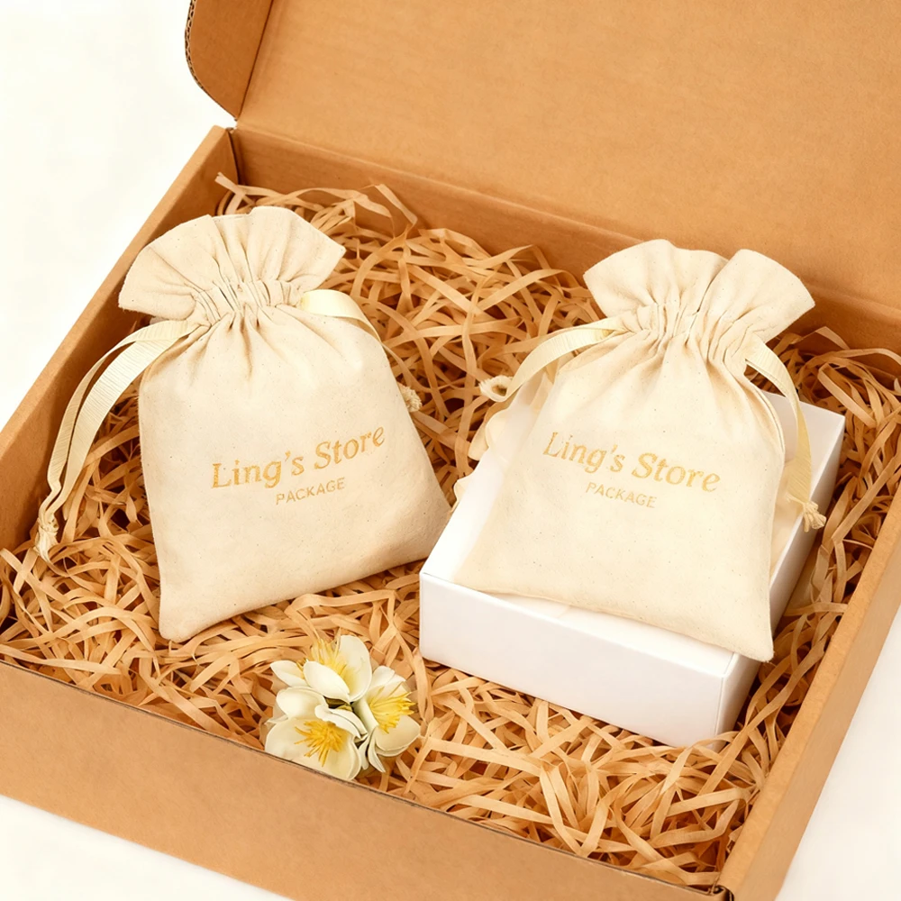 

50/100Pcs Personalized Logo Natural Cotton Jewelry Drawstring Bag Gift Packaging Organizer Ribbon Pouch For Cosmetic Wig Storage