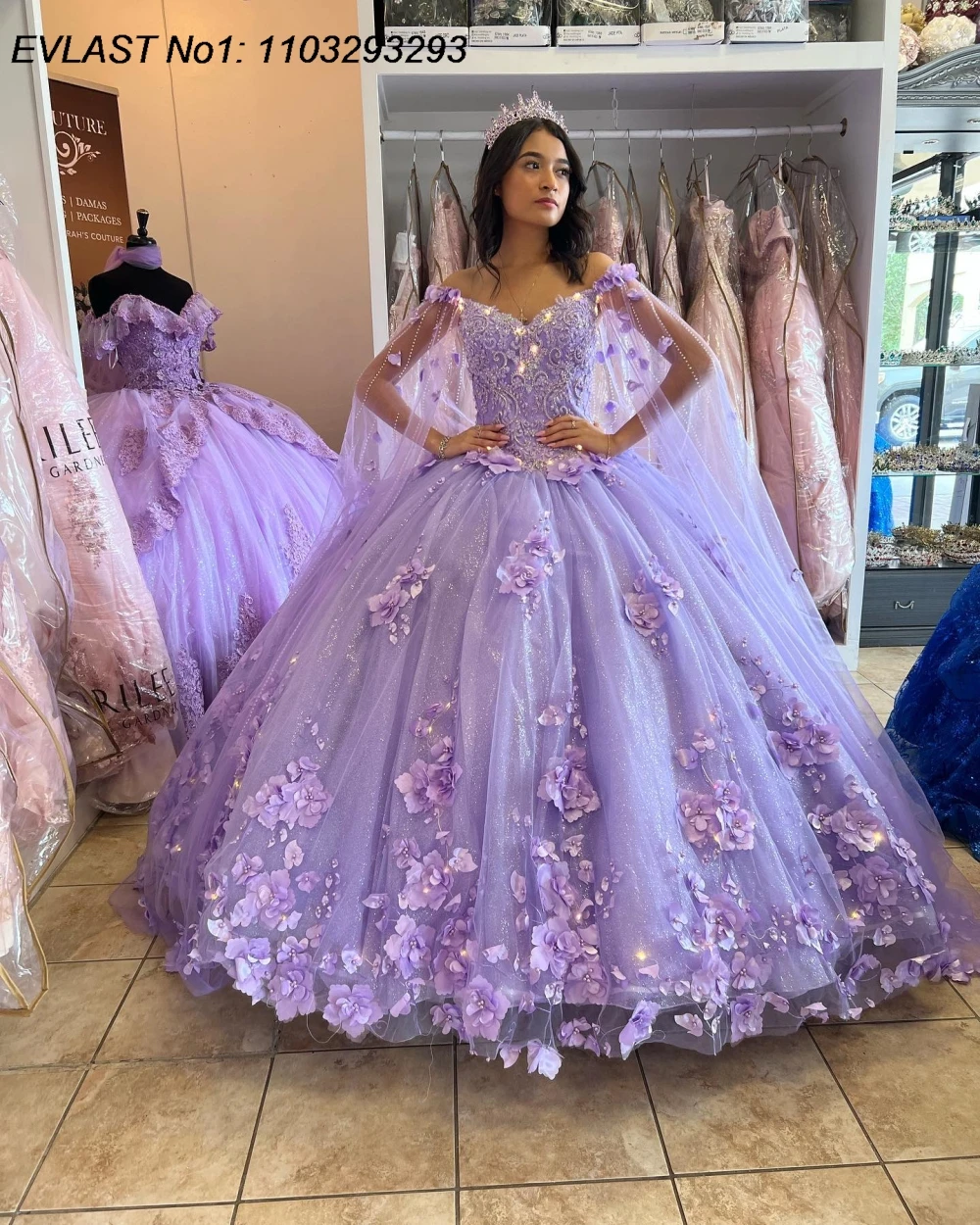 فستان Quinceanera أرجواني مخصص من EVLAST ثوب حفلة ثلاثي الأبعاد مزين بالزهور مطرز بالخرز كيب مشد حلو 16 فيستدو دي 15 أنوس E1Q144