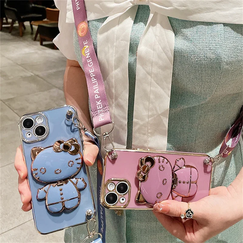 Hello Kitty Holder Bracelet Strap Lanyard Plating Phone Case For iPhone 15 14 13 12 11 Pro Max Mini XR XS X 8 7 6S Plus SE 2020