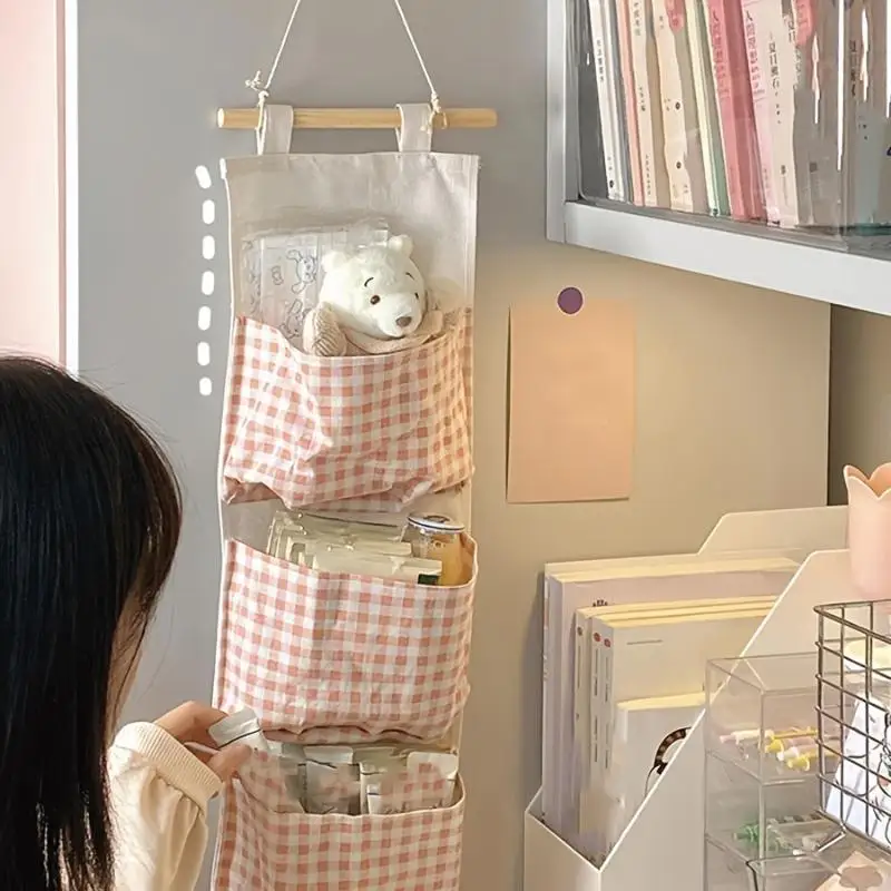 Pink Storage Bag Rack Canvas Wall Mounted Bedroom Storage Bag Multifunctional For Books, Jewelry, And Miscellaneous Items