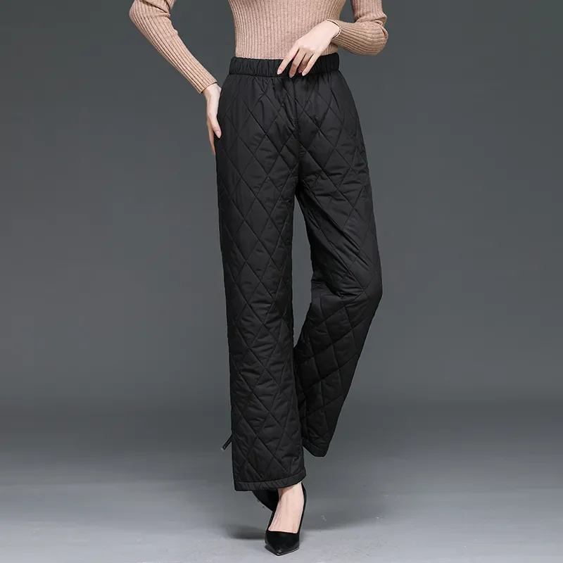 Women's Winter Down Cotton Padded Wide Leg Pants Casual Thicken Oversized High Waist Pantalon Warm Straight Baggy Trousers