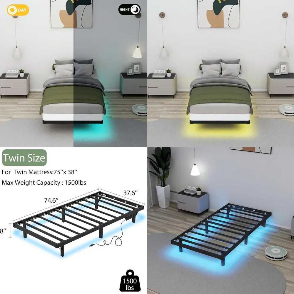 LED-lit Twin Platform Bed Frame with Charging Station, Kids' 8 Metal Bed with Storage, No Box Spring Needed