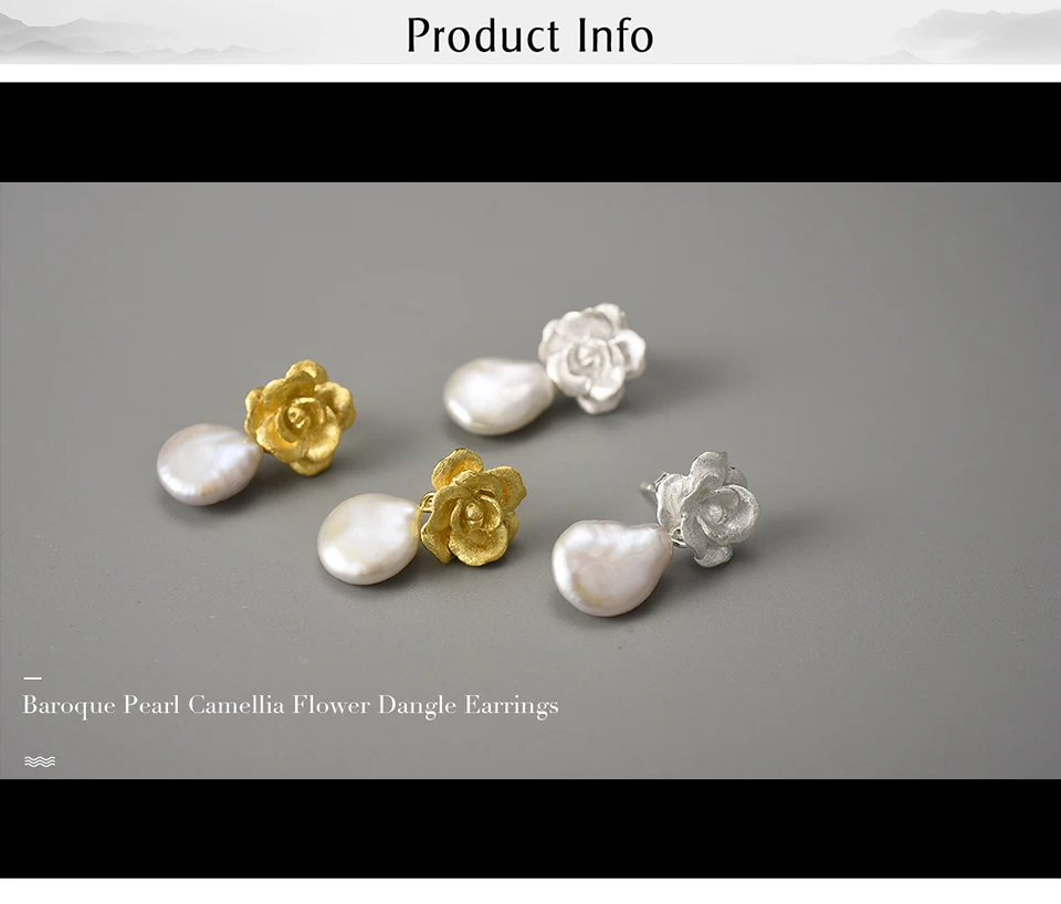 Silver Pearl Camellia Flower Dangle Earrings