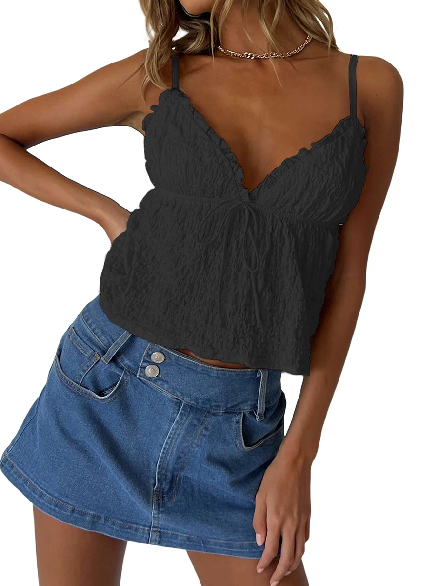 Women Basic Ruched Camisole Solid Color Ruffle V Neck Sleeveless Crop Tops for Streetwear Clubwear Summer Shirt