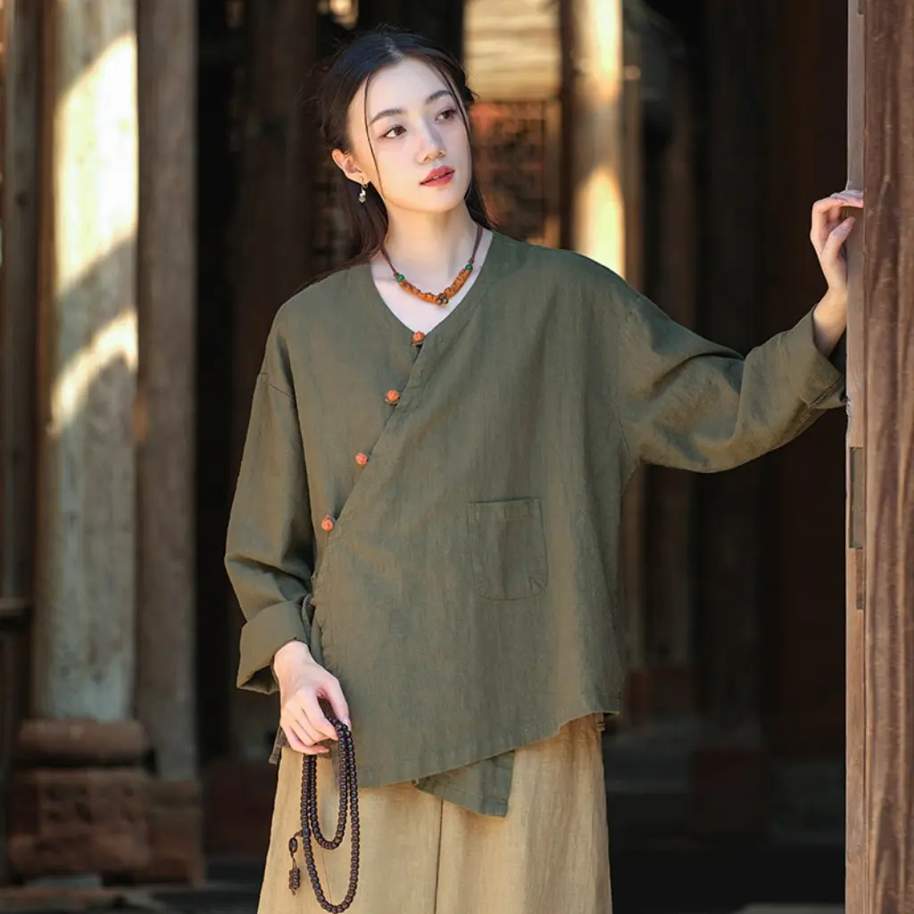 

Women's Retro Chinese Cotton Linen Jacket Ramie Sand Wash Loose Fit Button up Cardigan Spring New Tilt Color Buckle Top