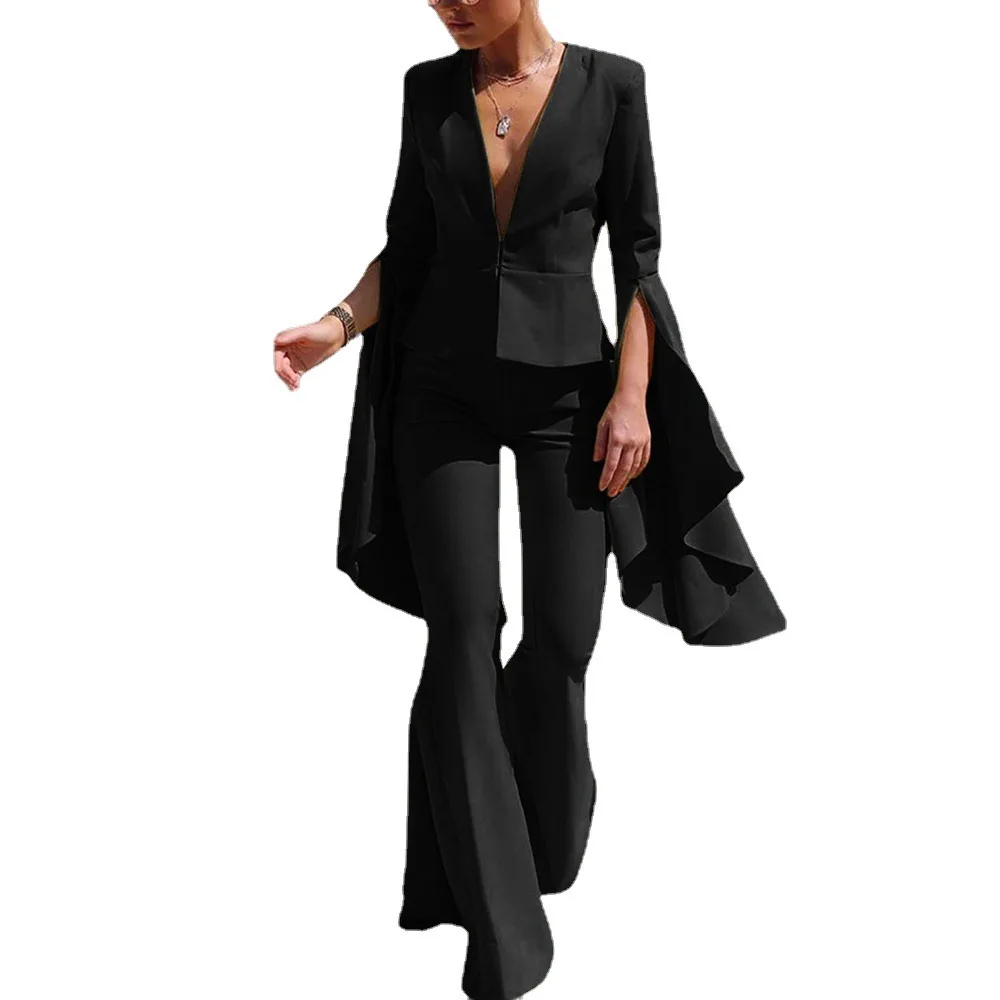 

Новинка 2025 года, стильный костюм в стиле богини, пальто, топ с высокой талией, большие свободные брюки-клеш, комплект из двух предметов для женщин