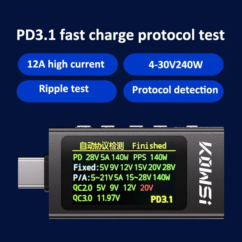 KWS-X1 4V-30V 12A Type C Tester Voltmeter Ammeter TYPE-C Fast Charge Detection Trigger Capacity Measurement Ripple Measurement