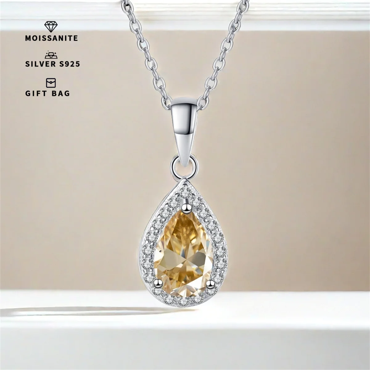 S925 silver plated platinum inlaid pear-shaped Champagne GRA Moissanite Necklace Sweet Pendant Simple Clavicle Chain for women