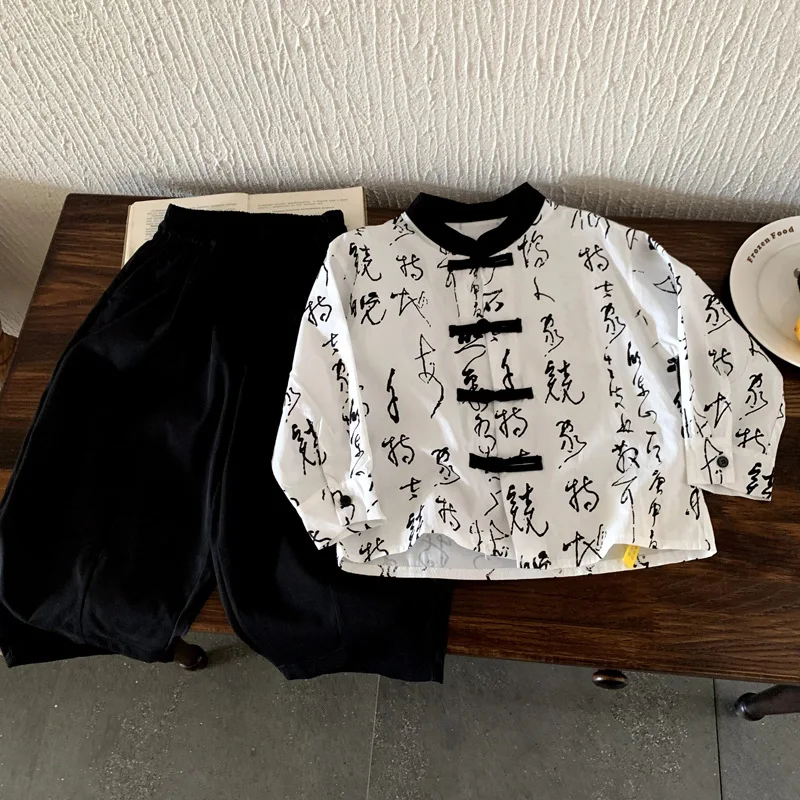 

Boys Set 2025 Autumn Spring Chinese Style Fashion Vintage Letter Print Long Sleeve Tops Loose Black Pant Two Piece Set