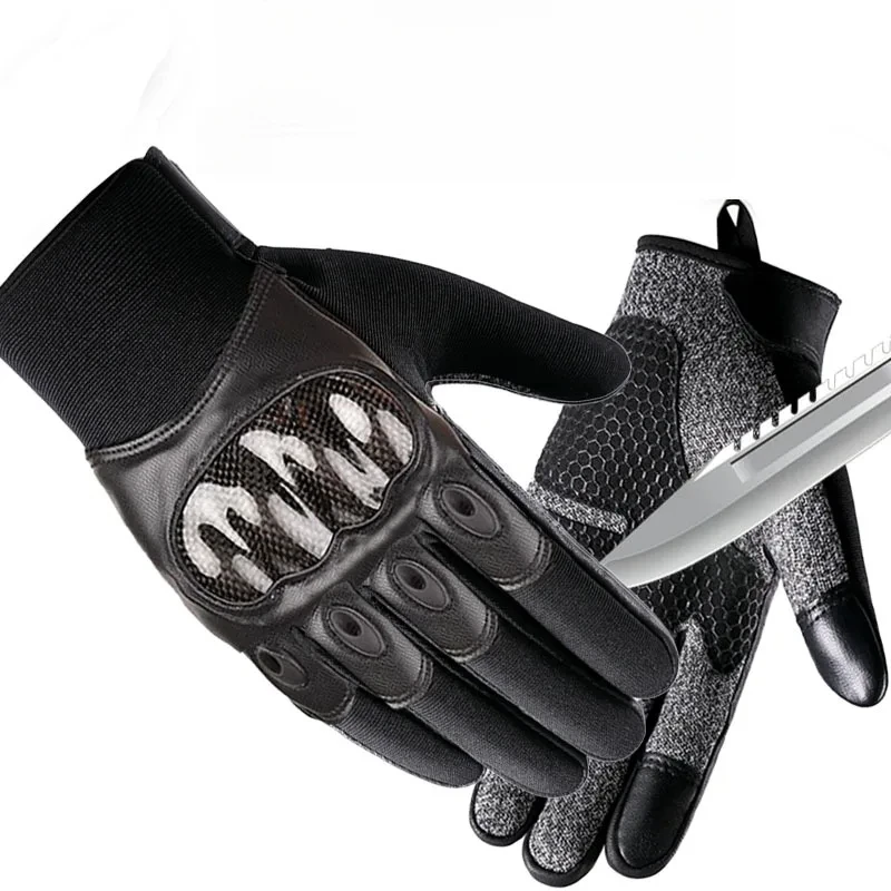 Summer All Finger Level 5 Anti Cutting Sheepskin Gloves Kevlar Anti Stabbing Carbon Fiber Shell Military Training Fans Men