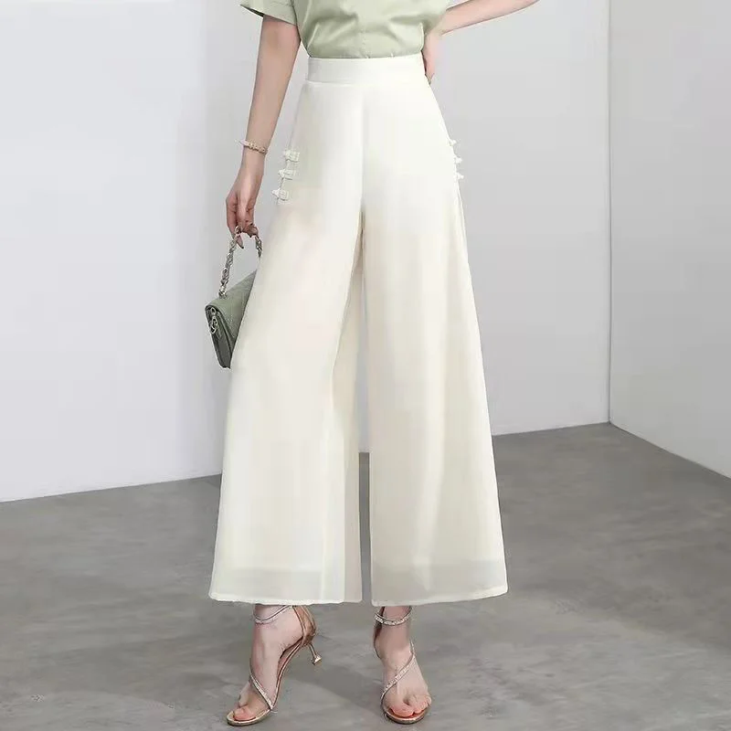 Chinese Style Chiffon Wide-leg Pants Women 2022 New Spring Summer Vintage Harajuku High Waist Female Casual Loose Skirt Pants