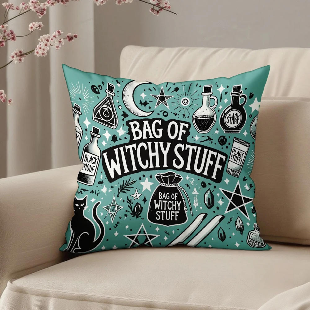 Square Throw Pillow Teal Bag Of Witchy Stuff Print With Magic Bottles Moon Stars And Pentagrams For Halloween Home Decor Living