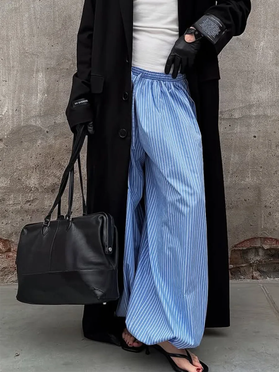 

Blue Striped Loose Bloomer Pants Women Drawstring High Waist Pleated Trouser Summer Streetwear Fashion Baggy Casual Pant Female