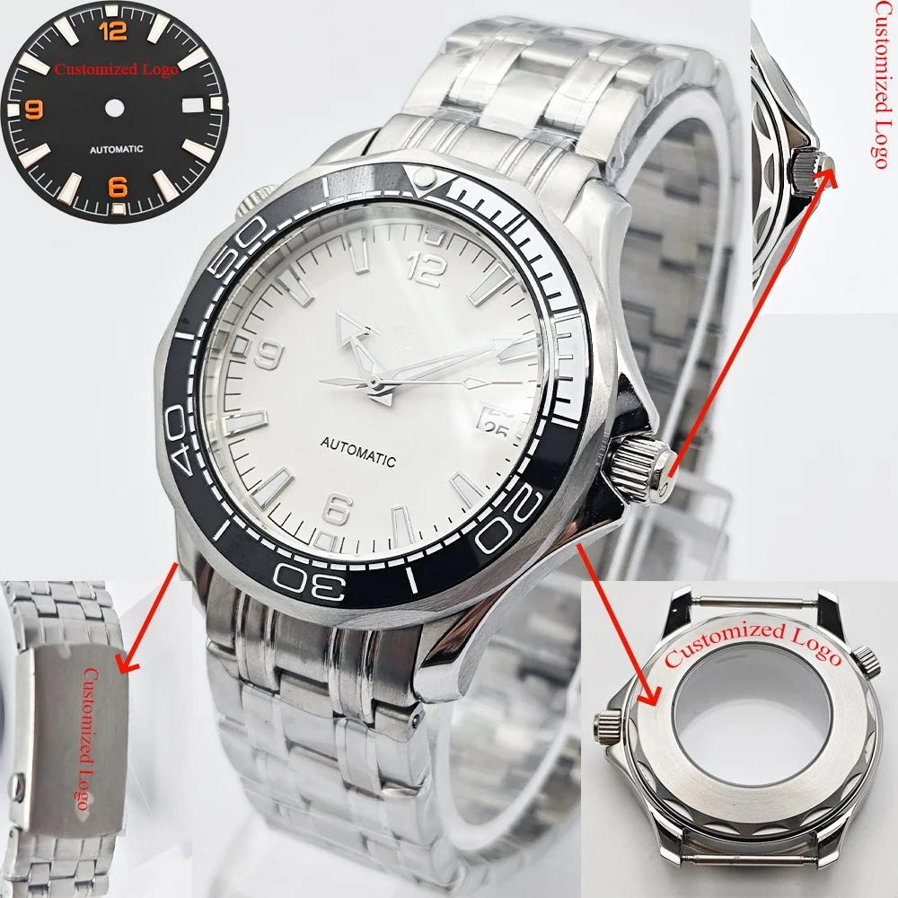 Orologio da uomo con logo fai-da-te personalizzato NH35 41 mm cassa per orologio in acciaio inossidabile argento cristallo di zaffiro adatto per orologio con movimento NH35